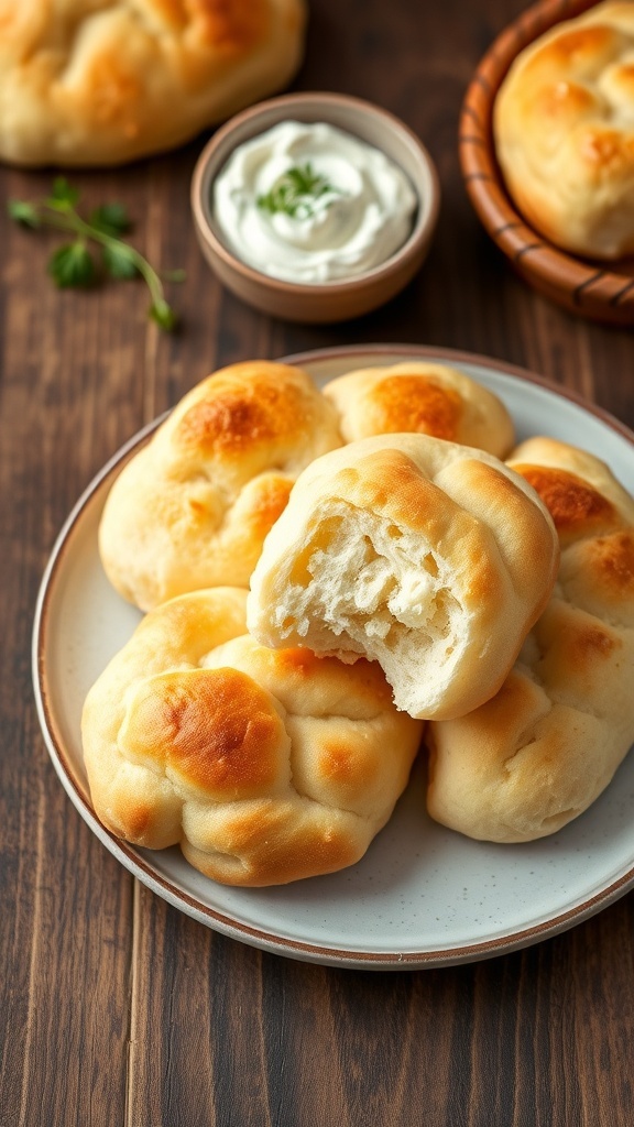 Fluffy Cloud Bread Recipe Fluffy cloud bread on a plate, golden brown with a soft texture, served with cream cheese and herbs.